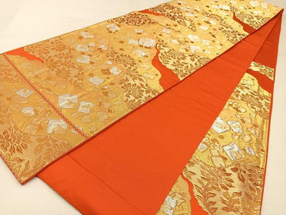 平和屋着物◎西陣　服部織物謹製　六通柄袋帯　白鳥緞子　箔散らし更紗花文　金銀糸　正絹　逸品　BAAW9523hj