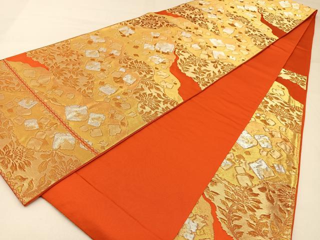 平和屋着物◎西陣　服部織物謹製　六通柄袋帯　白鳥緞子　箔散らし更紗花文　金銀糸　正絹　逸品　BAAW9523hj