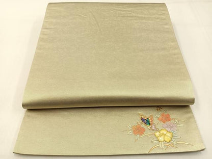 平和屋着物◎六通柄袋帯 螺鈿 ワンポイント 花蝶文 引箔 正絹 逸品 BAAW9529hj
