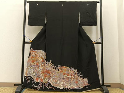 平和屋着物■豪華黒留袖 駒刺繍 檜扇御所車花文 金彩 正絹 逸品 BAAW9541hj