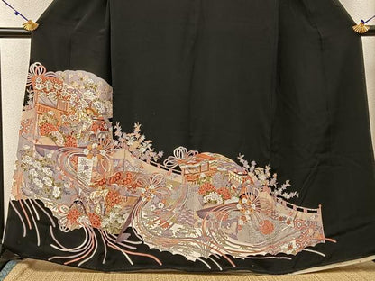 平和屋着物■豪華黒留袖 駒刺繍 檜扇御所車花文 金彩 正絹 逸品 BAAW9541hj