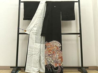 平和屋着物■豪華黒留袖 駒刺繍 檜扇御所車花文 金彩 正絹 逸品 BAAW9541hj