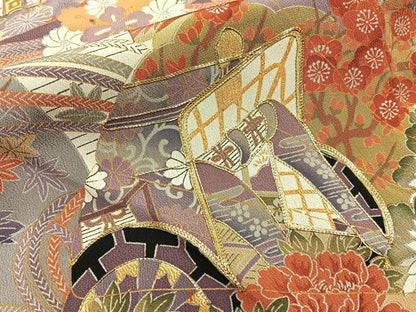 平和屋着物■豪華黒留袖 駒刺繍 檜扇御所車花文 金彩 正絹 逸品 BAAW9541hj