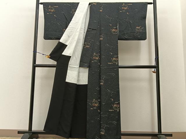 平和屋着物●上質な小紋　作家物　たたき染め　黒地　正絹　逸品　BAAW5053hj 平和屋着物□上質な小紋 御所解文 たたき染め 黒地 正絹 逸品 BAAW9555hj