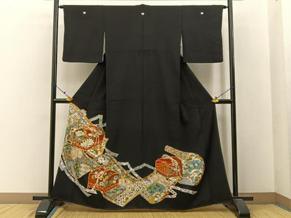 平和屋着物■豪華黒留袖 駒刺繍 蒔絵文箱花鳥文 金彩 正絹 逸品 BAAW9580hj