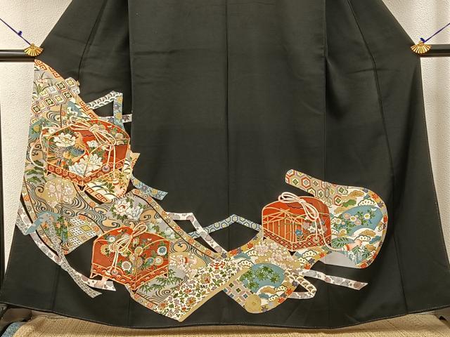 平和屋着物■豪華黒留袖 駒刺繍 蒔絵文箱花鳥文 金彩 正絹 逸品 BAAW9580hj