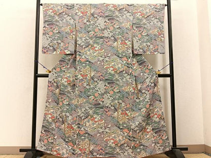 平和屋着物■上質な小紋　風景花文　鬼しぼ縮緬　正絹　逸品　BAAW9655hj