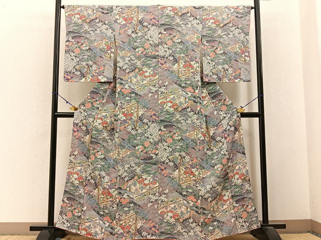 平和屋着物■上質な小紋　風景花文　鬼しぼ縮緬　正絹　逸品　BAAW9655hj
