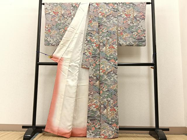 平和屋着物■上質な小紋　風景花文　鬼しぼ縮緬　正絹　逸品　BAAW9655hj