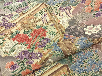 平和屋着物■上質な小紋　風景花文　鬼しぼ縮緬　正絹　逸品　BAAW9655hj