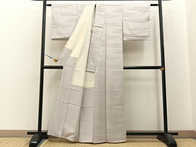 平和屋着物■上質な色無地 エ霞地紋 白梅鼠色 正絹 逸品 BAAW9673hj