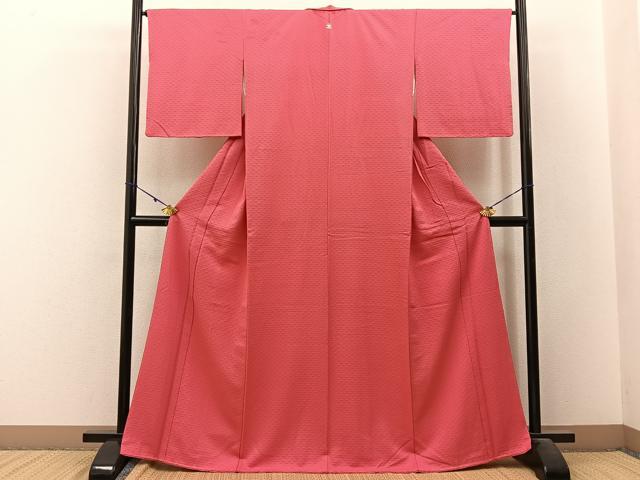 平和屋着物■上質な色無地　青海波地紋　韓紅色　正絹　逸品　BAAW9689hj