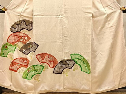 平和屋着物■訪問着 絞り 刺繍 扇面花文 金彩 正絹 逸品 BAAW9695hj