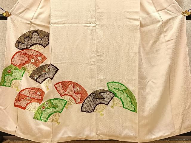 平和屋着物■訪問着 絞り 刺繍 扇面花文 金彩 正絹 逸品 BAAW9695hj