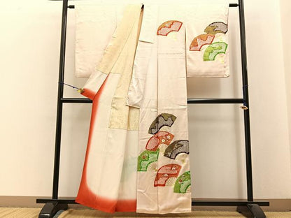 平和屋着物■訪問着 絞り 刺繍 扇面花文 金彩 正絹 逸品 BAAW9695hj