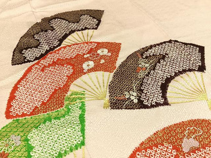 平和屋着物■訪問着 絞り 刺繍 扇面花文 金彩 正絹 逸品 BAAW9695hj