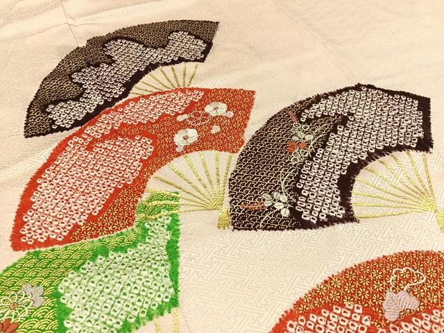 平和屋着物■訪問着 絞り 刺繍 扇面花文 金彩 正絹 逸品 BAAW9695hj