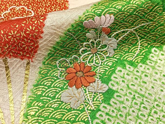 平和屋着物■訪問着 絞り 刺繍 扇面花文 金彩 正絹 逸品 BAAW9695hj