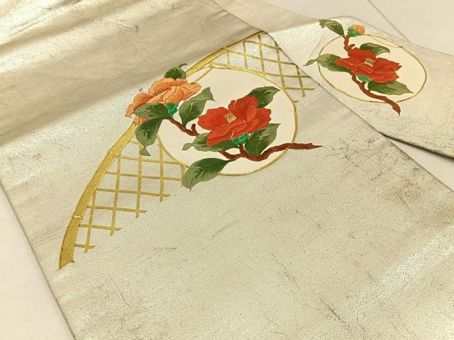 平和屋着物◎九寸名古屋帯 総刺繍 駒刺繍 枝椿 金彩 正絹 逸品 BAAW9719hj