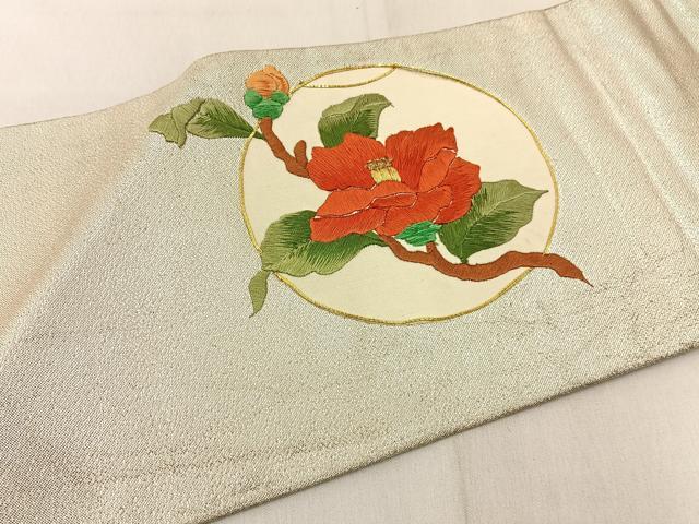 平和屋着物◎九寸名古屋帯 総刺繍 駒刺繍 枝椿 金彩 正絹 逸品 BAAW9719hj
