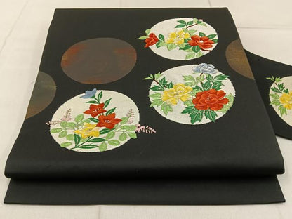 平和屋着物◎九寸名古屋帯 唐織 花丸文 黒地 銀糸 引箔 正絹 逸品 BAAW9727hj