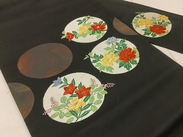 平和屋着物●九寸名古屋帯　唐織　花蝶丸文　黒地　金糸　正絹　逸品　CABE3665dy 平和屋着物○九寸名古屋帯 唐織 花蝶丸文 黒地 金糸 正絹 逸品