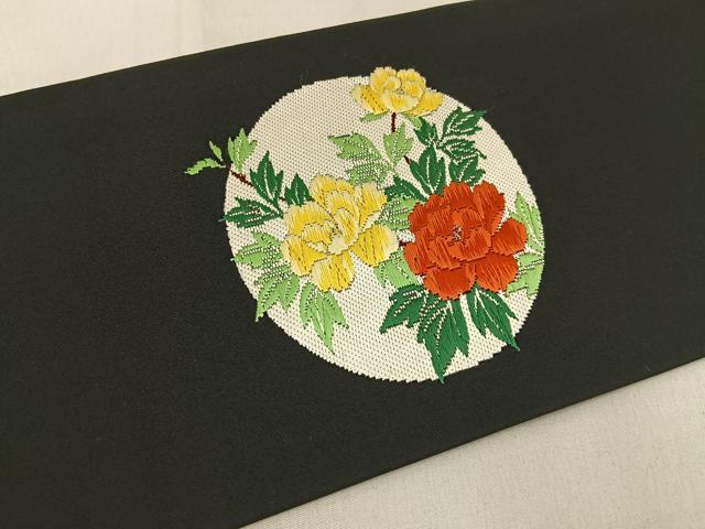 平和屋着物◎九寸名古屋帯 唐織 花丸文 黒地 銀糸 引箔 正絹 逸品