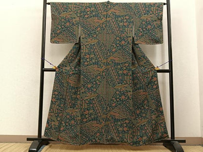 平和屋着物■上質な小紋 切嵌更紗花文 正絹 逸品 未使用 BAAW9737hj