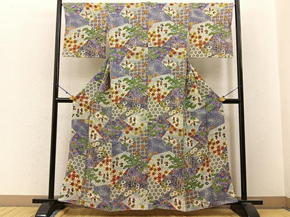 平和屋着物■上質な小紋 切嵌人物花文 鬼しぼ縮緬 正絹 逸品 BAAW9738hj