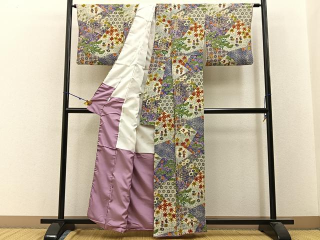 平和屋着物■上質な小紋 切嵌人物花文 鬼しぼ縮緬 正絹 逸品 BAAW9738hj