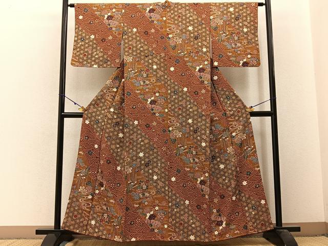 平和屋着物■上質な小紋 ふくれ織 扇面有職花文 金彩 正絹 逸品 BAAW9753hj