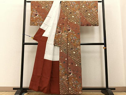平和屋着物■上質な小紋 ふくれ織 扇面有職花文 金彩 正絹 逸品 BAAW9753hj