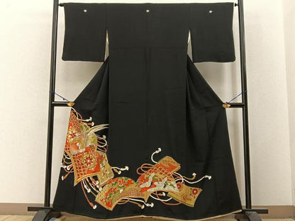平和屋着物■豪華黒留袖　駒刺繍　冊子花鳥文　金彩　正絹　逸品　BAAW9756hj