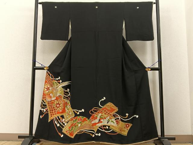 平和屋着物■豪華黒留袖　駒刺繍　冊子花鳥文　金彩　正絹　逸品　BAAW9756hj
