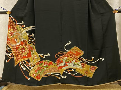 平和屋着物■豪華黒留袖　駒刺繍　冊子花鳥文　金彩　正絹　逸品　BAAW9756hj