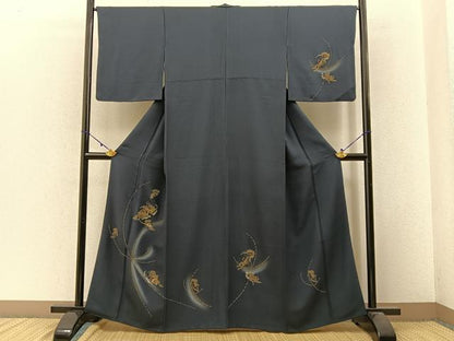 平和屋着物■訪問着 檜扇雪輪吉祥文 濃紺地 金彩 正絹 逸品 BAAW9757hj