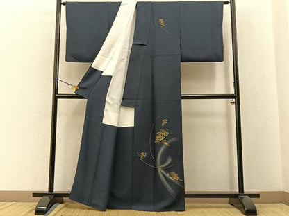 平和屋着物■訪問着 檜扇雪輪吉祥文 濃紺地 金彩 正絹 逸品 BAAW9757hj