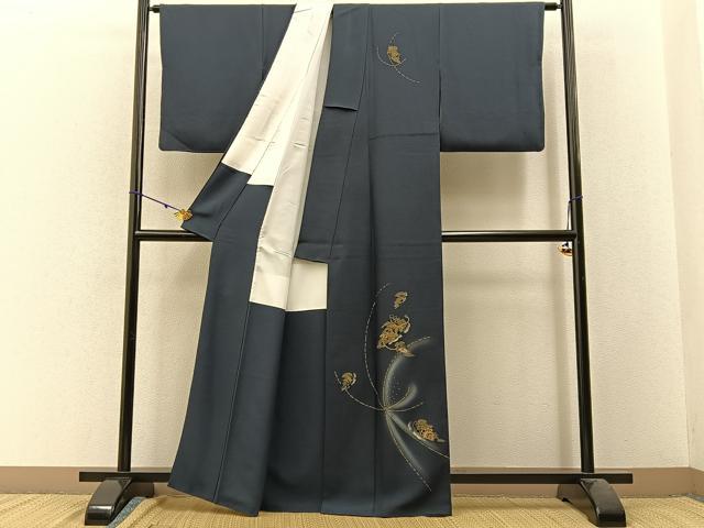平和屋着物■訪問着 檜扇雪輪吉祥文 濃紺地 金彩 正絹 逸品 BAAW9757hj