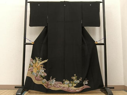 平和屋着物■黒留袖 刺繍 尾長鶏花文 金彩 洗える着物 BAAW9758hj