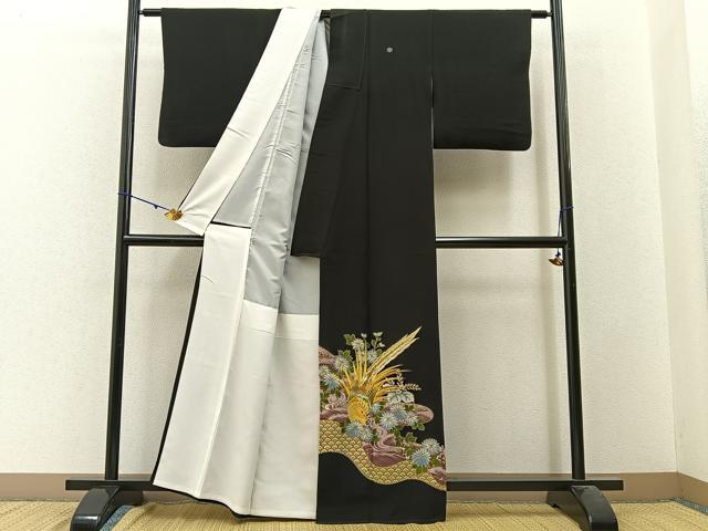 平和屋着物■黒留袖 刺繍 尾長鶏花文 金彩 洗える着物 BAAW9758hj