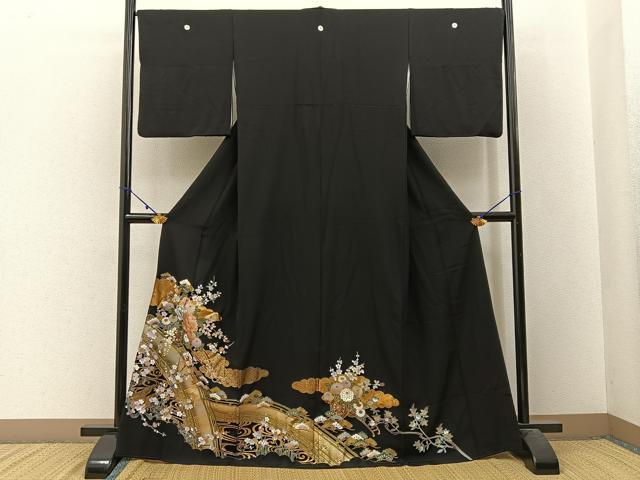 平和屋着物■豪華黒留袖 渡橋花車文 金彩 正絹 逸品 BAAW9764hj