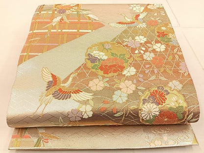平和屋着物◎六通柄袋帯 唐織 飛鶴雪輪花蝶文 金銀糸 正絹 逸品 BAAW9768hj