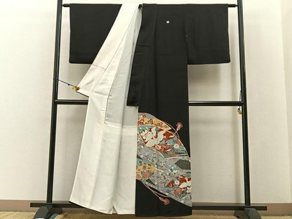 平和屋着物■豪華黒留袖　駒刺繍　飛鶴地紙花文　正絹　逸品　BAAW9794hj