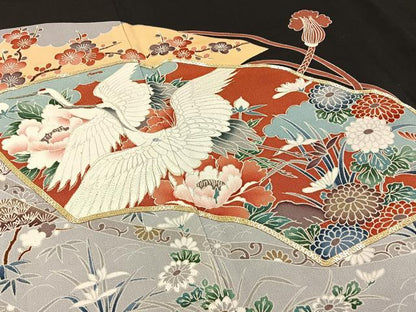 平和屋着物■豪華黒留袖　駒刺繍　飛鶴地紙花文　正絹　逸品　BAAW9794hj