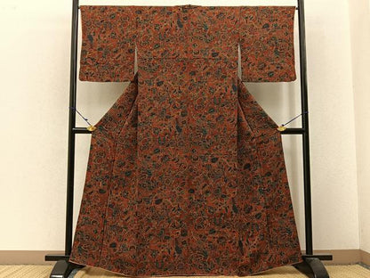 平和屋着物■上質な小紋　更紗花鳥文　鬼しぼ縮緬　正絹　逸品　BAAW9813hj