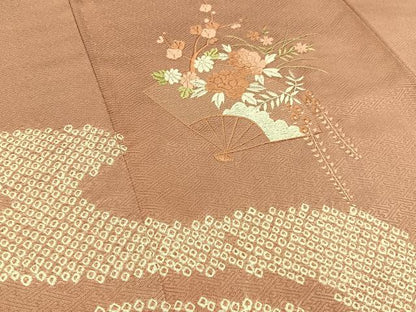 平和屋着物■訪問着　絞り　刺繍　扇面花文　正絹　逸品　BAAW9817hj