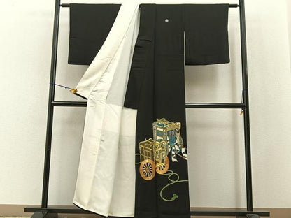平和屋着物■豪華黒留袖　駒刺繍　御所車文　金彩　正絹　逸品　BAAW9822hj