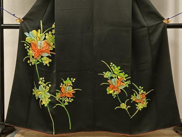 平和屋着物■訪問着　刺繍　カトレア　黒地　金彩　正絹　逸品　BAAW9824hj