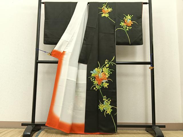 平和屋着物■訪問着　刺繍　カトレア　黒地　金彩　正絹　逸品　BAAW9824hj