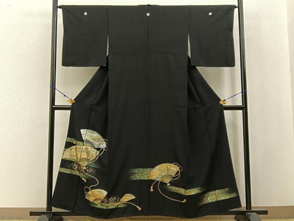 平和屋着物■豪華黒留袖　扇面渡橋花文　金銀彩　正絹　逸品　BAAW9838hj